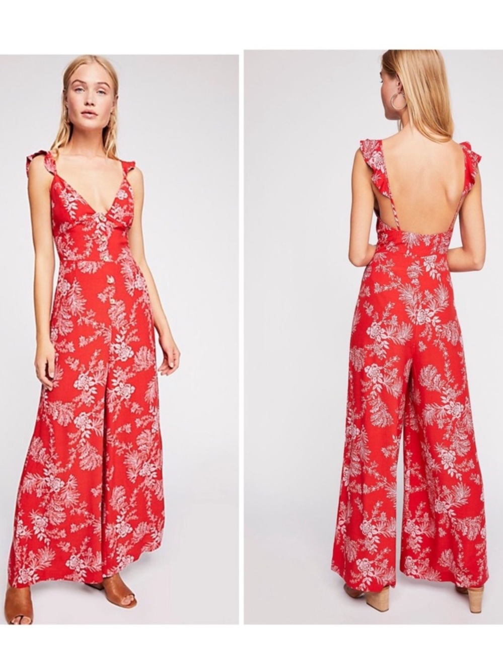 Free People Red Floral Jumpsuit